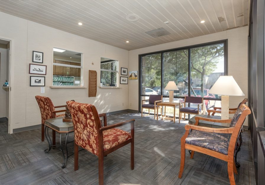 Sunlit lobby with large windows