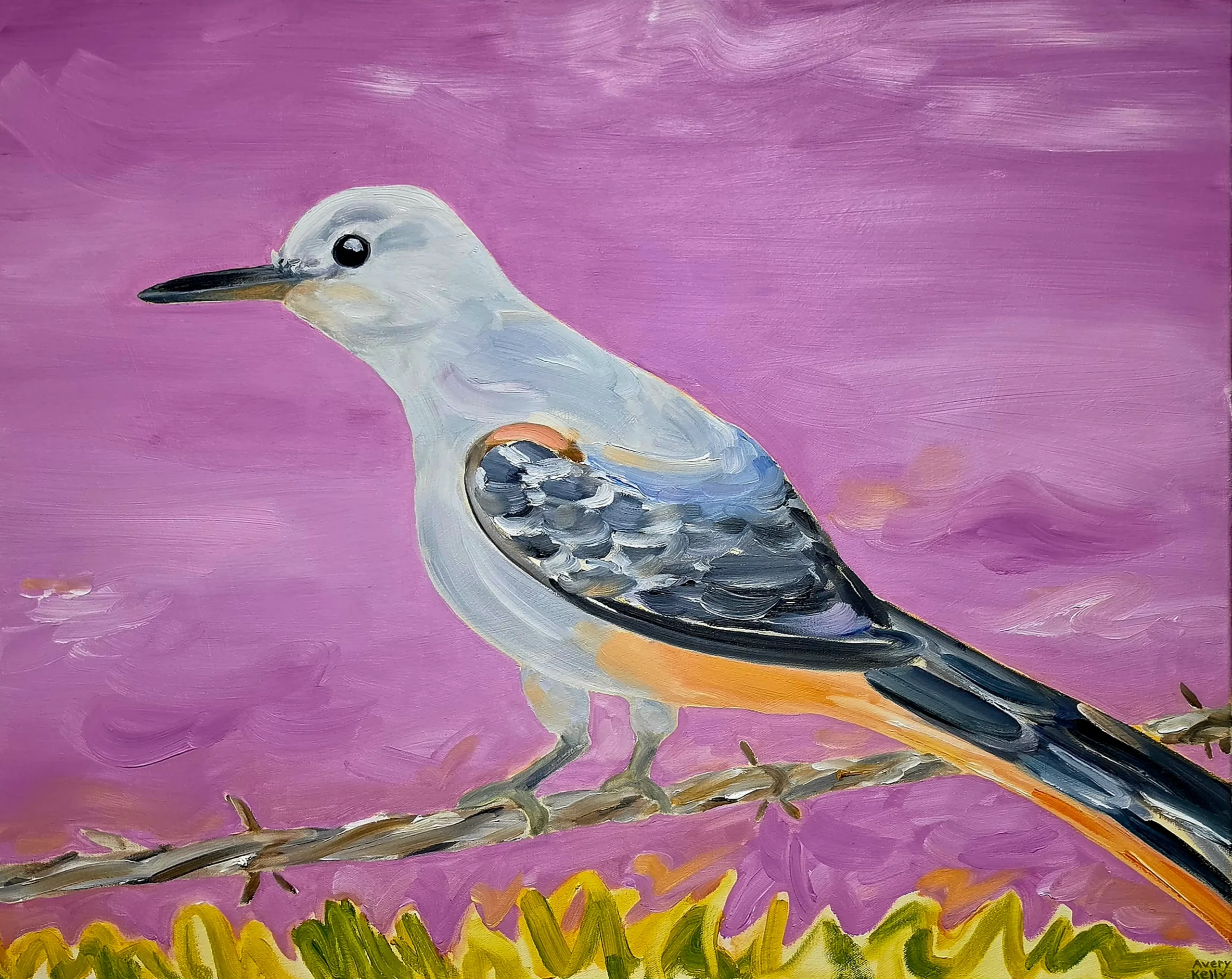 Painting of a bird perched atop a tree branch, surrounded by lush green leaves at the bottom