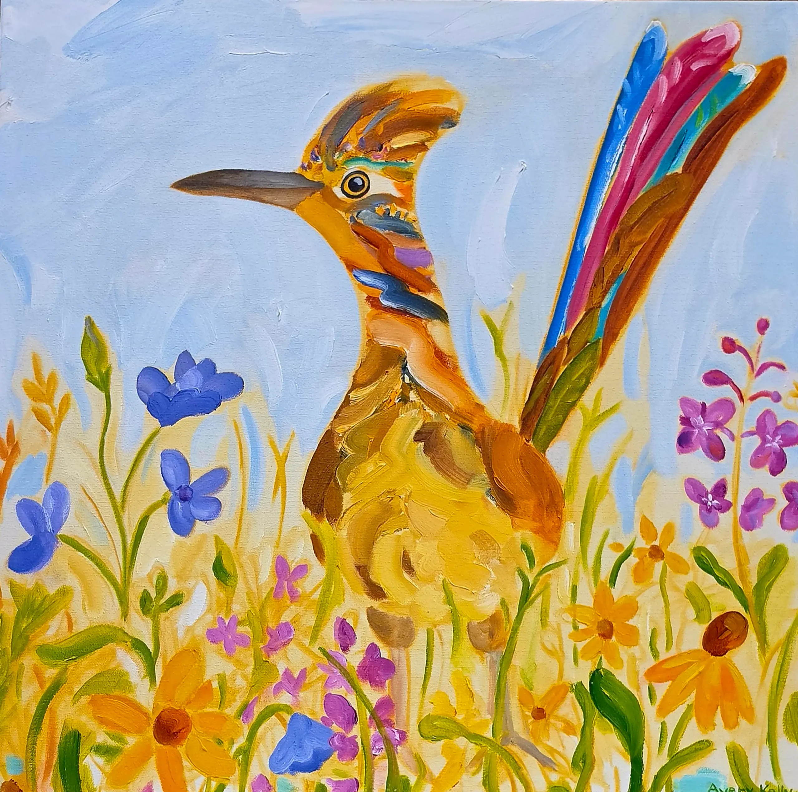 Painting of a bird with a colorful beak perched atop a field of vibrant flowers and lush green leaves